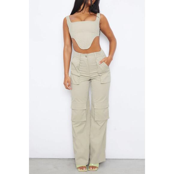 Pretty Little Things Stone Twill Dip Hem Structured Cargo Corset Pant Set Size 6 - Picture 1 of 10